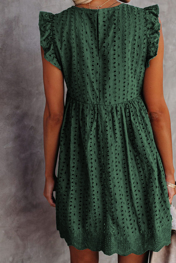 V Neck Ruffled Sleeves Perforating Babydoll Dress
