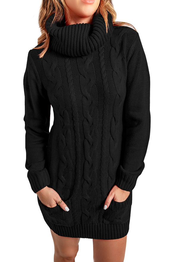 Colorblock Cowl Neck Cable Knit Sweater Dress