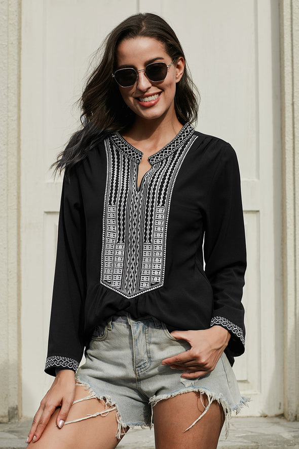 Long Sleeves Front Embroidery Blouse