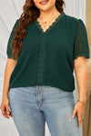 V Neck Lace Crochet Swiss Dot Short Sleeve Blouse