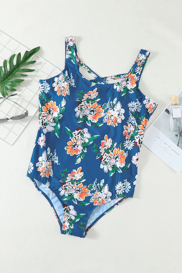 Floral Print Criss Cross U-neck One-piece Swimsuit