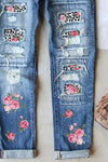 Valentine Heart Patchwork Distressed Straight Leg Jeans