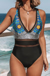 Floral Splicing Leopard Print Color Block Mesh One Piece Swimsuit