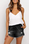 Elastic Waist Distressed Raw Hem Denim Shorts