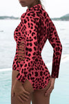 Print Zipper Cut-out Rash Guard Swimsuit