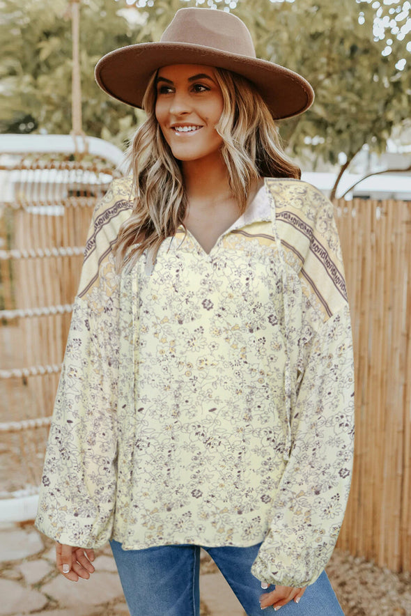 Floral Print Drawstring Loose Puff Sleeve Shirt