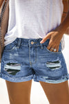Plaid Patchwork Rolled Hem Denim Shorts