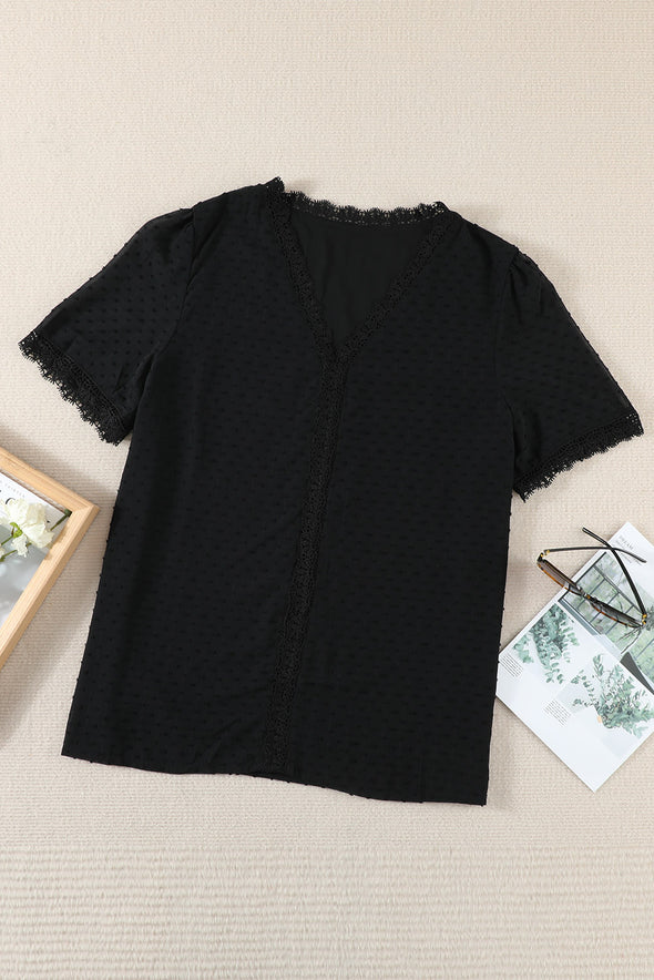 V Neck Lace Crochet Swiss Dot Short Sleeve Blouse