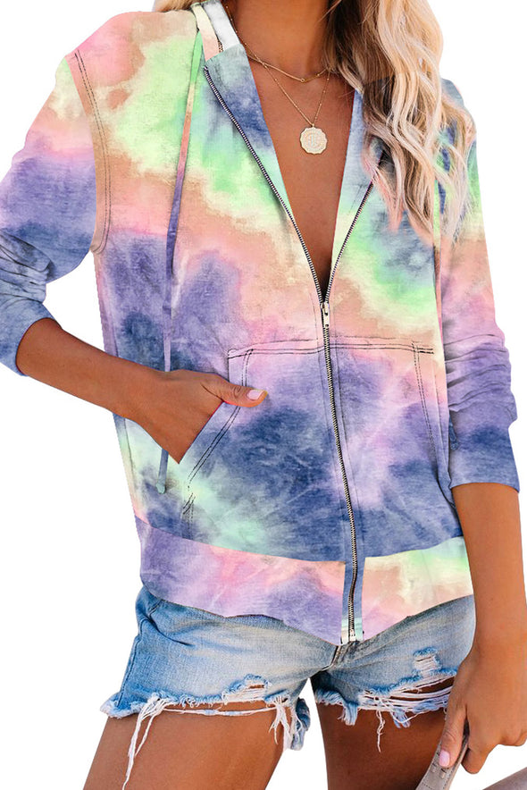 Multicolor Tie-dye Pocket Zip Up Hoodie