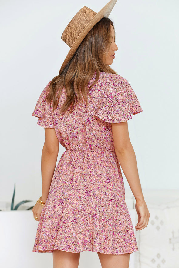 Floral Print Tie Knot Ruffled Short Sleeve Mini Dress