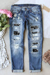 Valentine Heart Patchwork Distressed Straight Leg Jeans