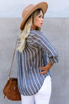 /Blue Striped V Neck Pocket Long Sleeve Top