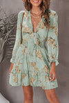 Deep V Neck Lantern Sleeve Knotted Tiered Mini Dress