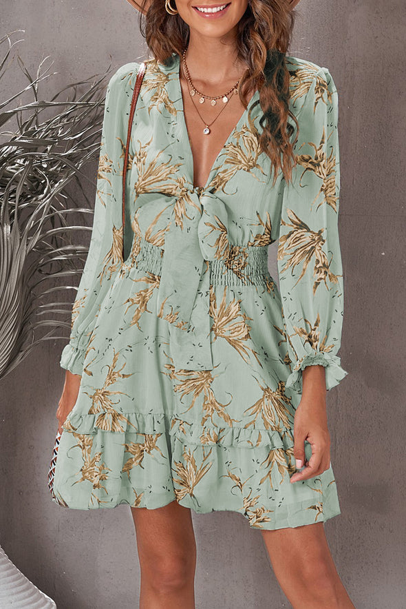 Deep V Neck Lantern Sleeve Knotted Tiered Mini Dress