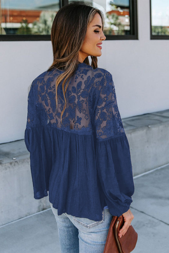 V Neckline Lace Shoulder Patchwork Blouse