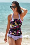 Open Back Ruched Halter Top Shorts Tankini Set