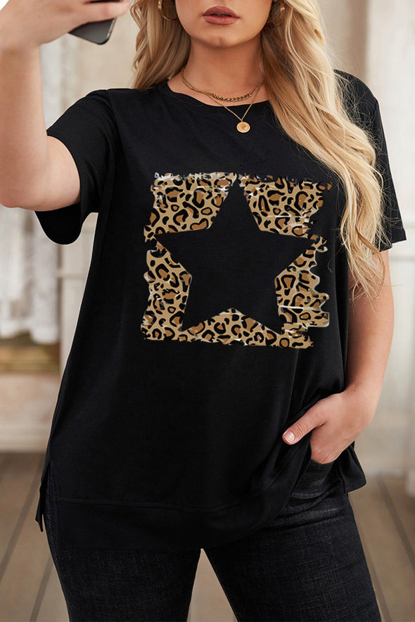 Leopard Lightning Print Crewneck Plus Size T-shirt