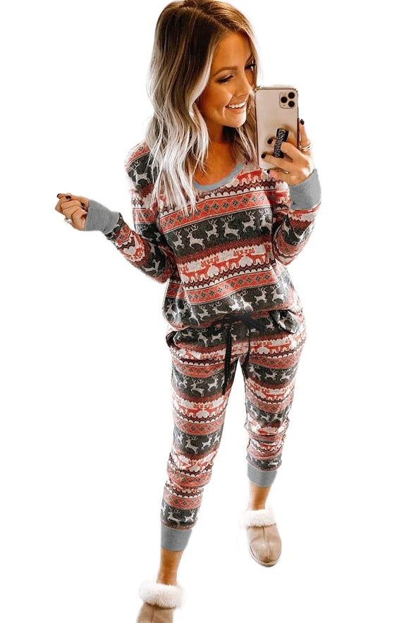 Reindeer Run Print Long Sleeve Top & Drawstring Pants Loungewear Set