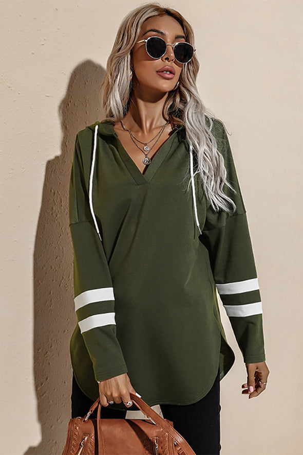 Striped Side Split V Neck Hoodie