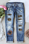 Tropical Tree Print Patchwork Distressed Jeans