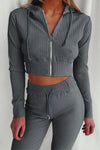 Ribbed Knit Cropped Hoodie and Jogger Two Piece Set