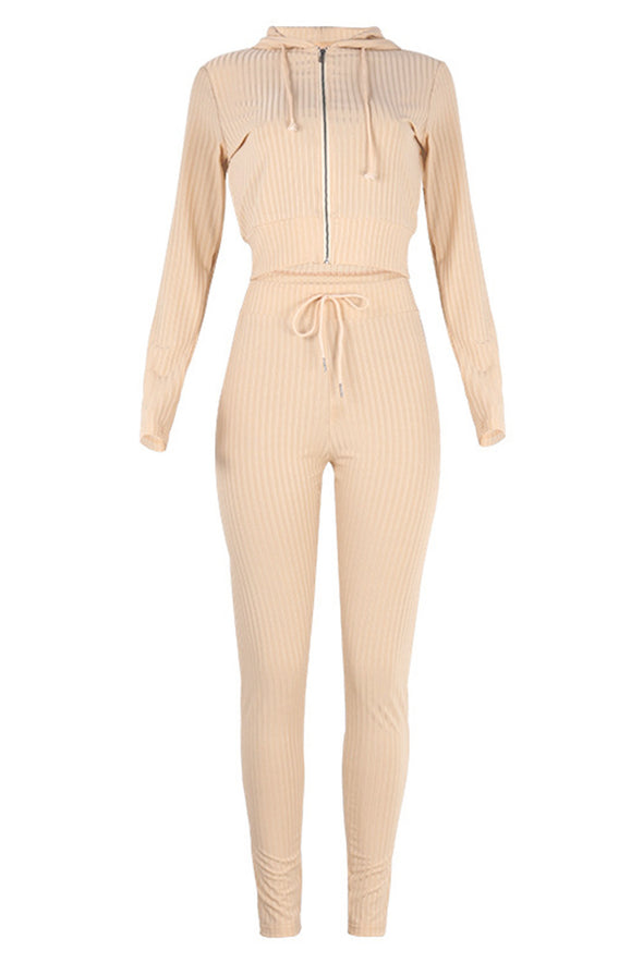 Ribbed Knit Cropped Hoodie and Jogger Two Piece Set