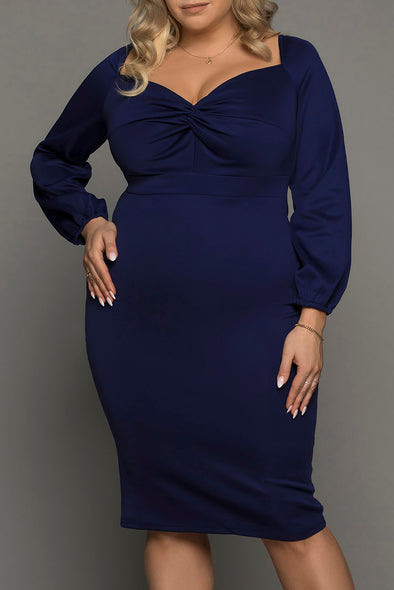 Navy Long Sleeve Front Knot Plus Size Midi Dress