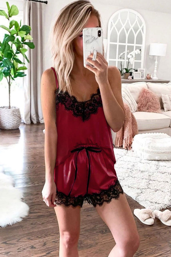 Lace Satin Sleepwear Cami Top and Shorts Pajama Set