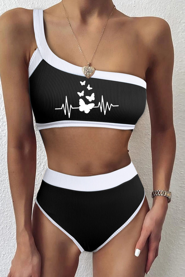 One Shoulder Patchwork High-waisted Bikini Set