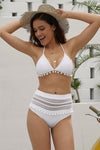 Pom Pom Mesh Insert High Waist Bikini