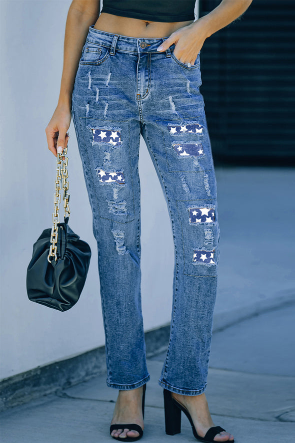 Valentine Heart Patchwork Distressed Straight Leg Jeans