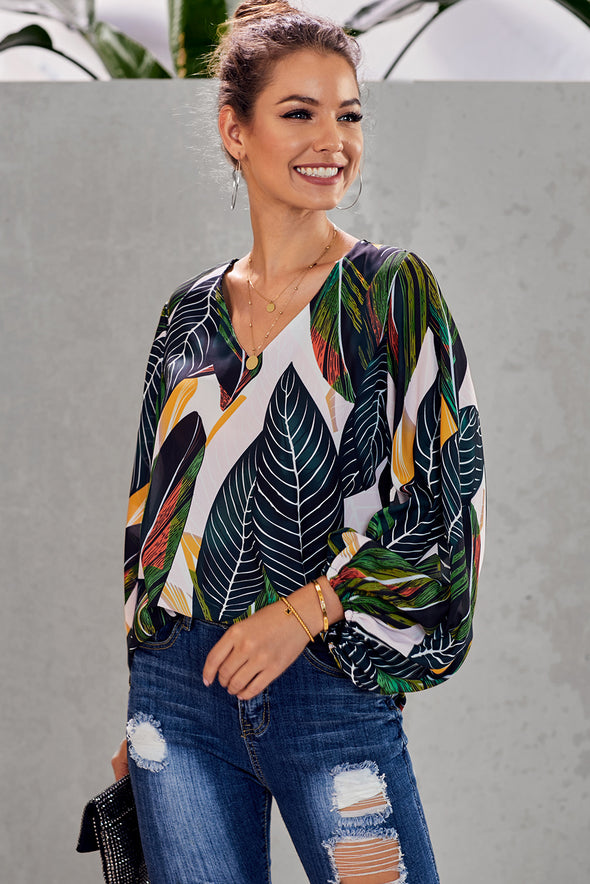 Multicolor Boho Print Balloon Sleeve Blouse