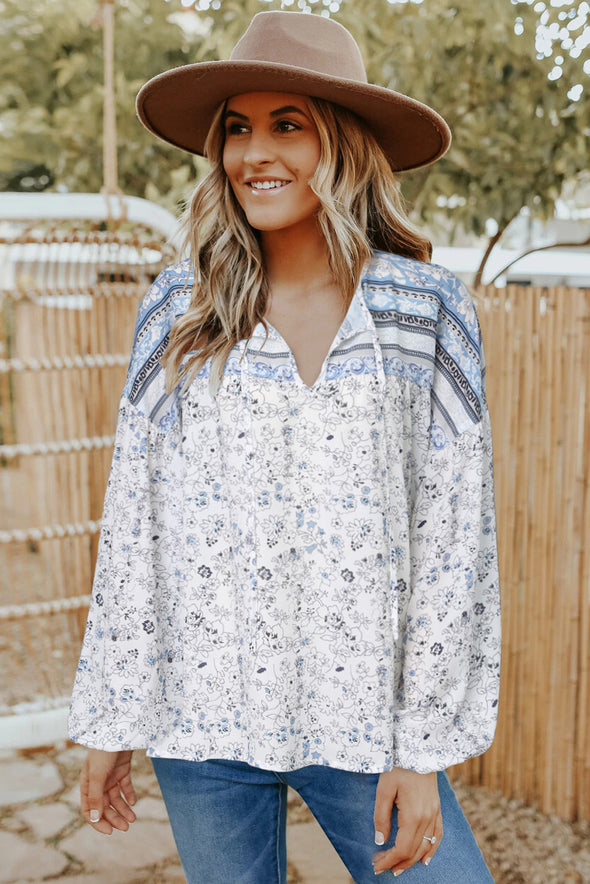 Floral Print Drawstring Loose Puff Sleeve Shirt