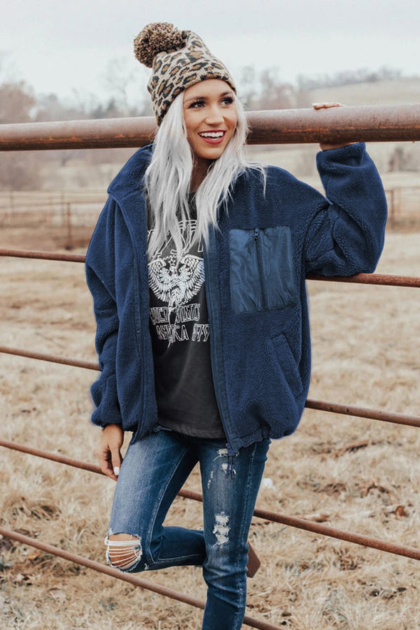 Zip Up Sherpa Coat with Pocket