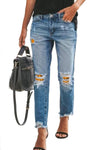 Plaid Patchwork Hollow Out Frayed Hem Ripped Jeans
