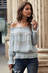 Off Shoulder Ruffle Long Sleeve Smocked Waist Lace Crochet Blouse