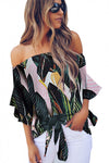 Off Shoulder Floral Tie Front High Low Chiffon Blouse