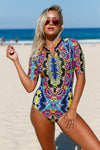 Blue Leaves Zip Front Half Sleeve One Piece Swimsuit