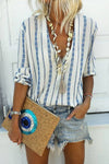 V Neck Striped Button Down Blouse
