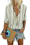 V Neck Striped Button Down Blouse