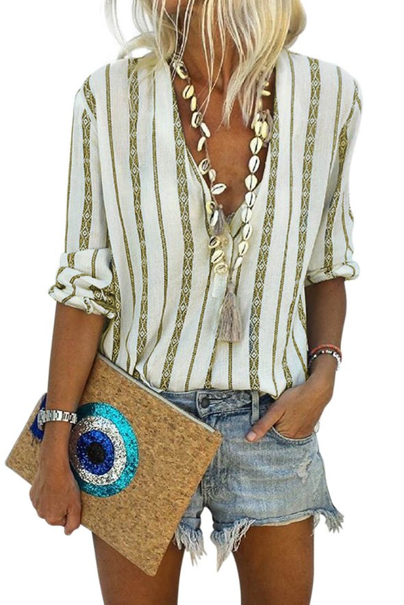 V Neck Striped Button Down Blouse