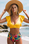 Floral Ruffled Hem High Waist Bikini Set