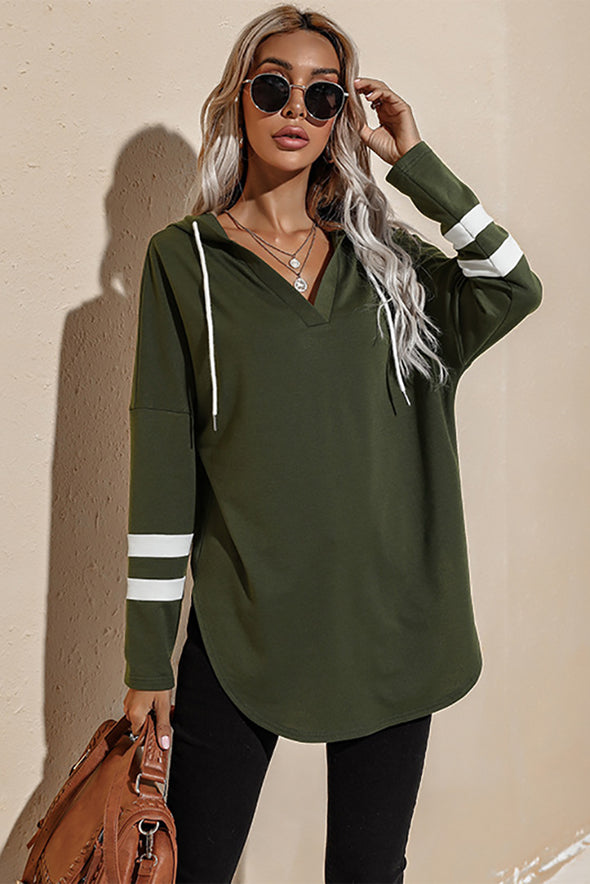 Striped Side Split V Neck Hoodie