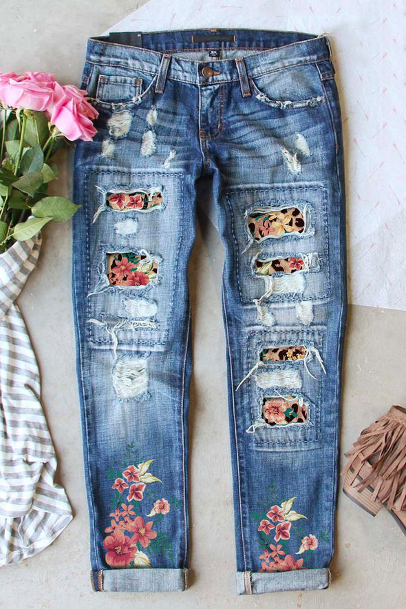 Tropical Tree Print Patchwork Distressed Jeans