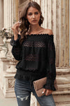 Off Shoulder Ruffle Long Sleeve Smocked Waist Lace Crochet Blouse