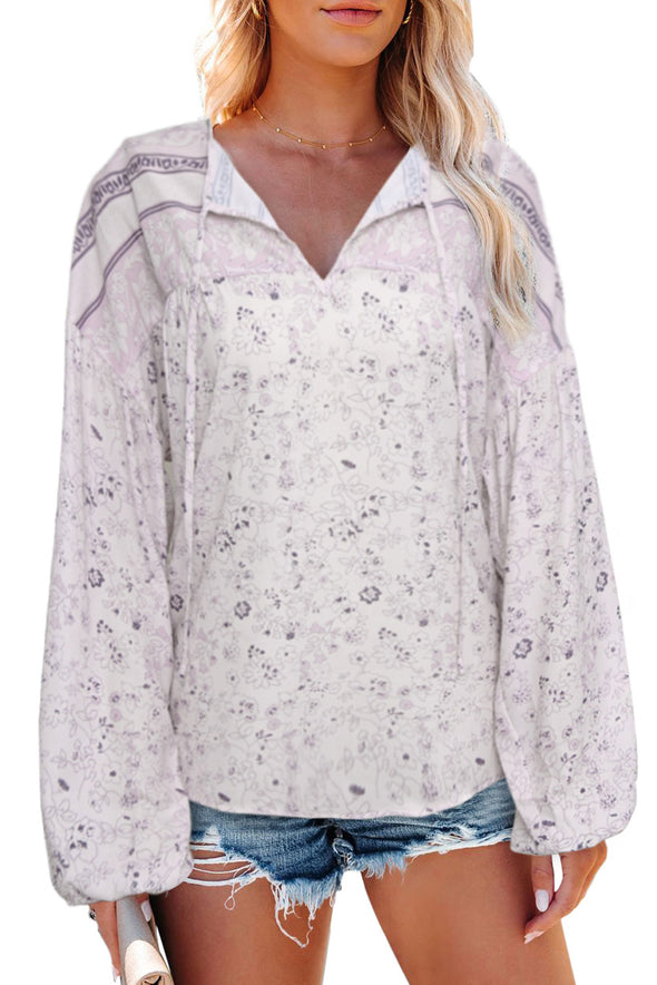 Floral Print Drawstring Loose Puff Sleeve Shirt