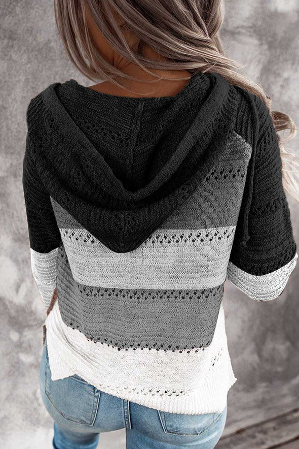 Zipped Front Colorblock Hollow-out Knit Hoodie