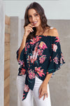 Off Shoulder Floral Tie Front High Low Chiffon Blouse