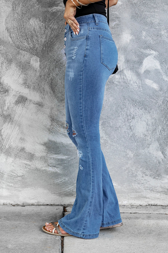 Dark Blue Mid Rise Button Front Flare Denim