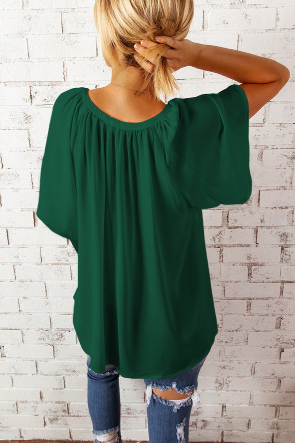 Split Neck Pleated Loose Blouse